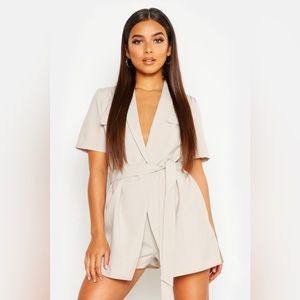 Boohoo Petite Utility Belted Playsuit in Stone